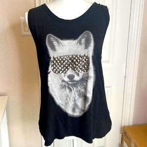 Guess, black loose graphic tee tank with fox and bedazzled sunglasses, size Med